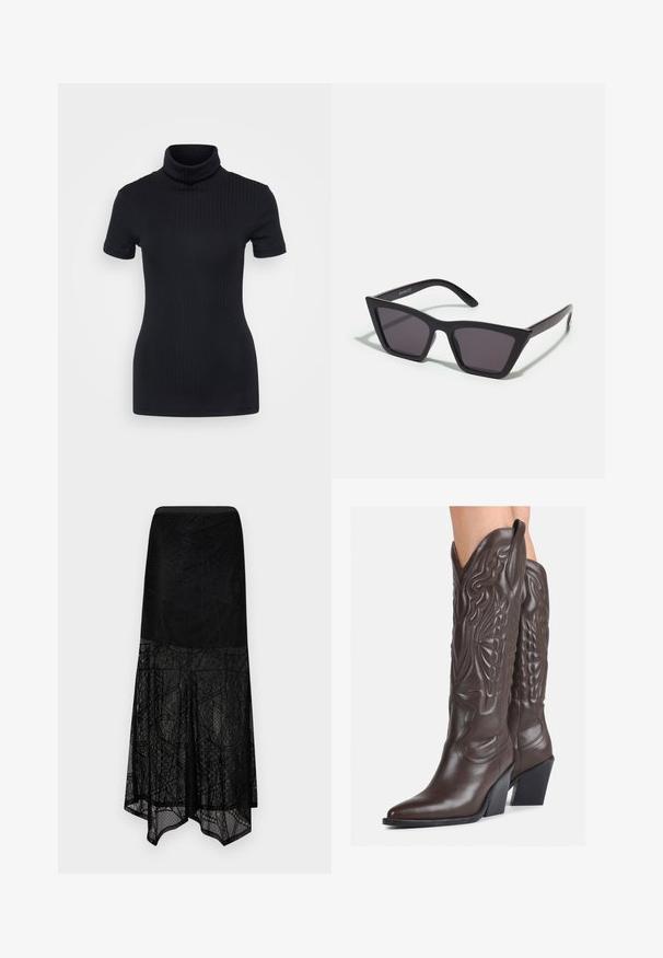 Schwarzes geripptes Rollkragenoberteil, kurze Ärmel, figurbetontes Design, weiche Textur, minimale Nähte und ein hoher Kragen.; Aware VMLOLLIE SKIRT - Maxirock - black; Braune Leder-Cowboy-Stiefel mit spitzem Punkt und Blockabsatz, die über detaillierte Stickereien und hervorgehobene Akzente am Schaft verfügen.; Schwarze, eckige Sonnenbrille mit grauen Gläsern; aus Kunststoff gefertigt, mit dicken Bügeln, die eine glatte Oberfläche und keine sichtbaren Beschläge haben.