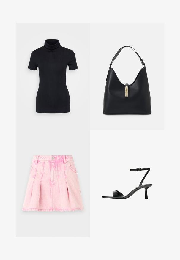 Maglione a collo alto nero a coste, maniche corte, design aderente, texture morbida, cuciture minime e colletto alto.; Gonna di jeans rosa con pieghe, chiusura con bottone e cerniera, cinque tasche e cuciture decorative. Texture consumata in una tonalità chiara.; Bershka Sandali con tacco - black; Borsa a tracolla in pelle nera con una forma arrotondata e sagomata, caratterizzata da una chiusura con lucchetto dorato e una singola tracolla regolabile. Texture liscia.