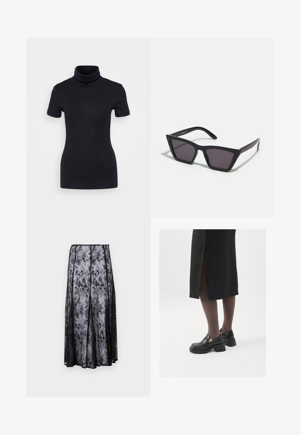 Melnas ribotas turtleneck blūze, īsām piedurknēm, pieguļošs dizains, maiga tekstūra, minimāls šuvju skaits un augsts kakls.; Melnas mežģīņu svārkas ar ziedu rakstiem, plūstošu siluetu un viļņotu apakšmalu, uzsverot smalku un caurspīdīgu tekstūru.; Melni ādas apavi ar noapaļotu purngalu, biezām bloku papēžiem un elastīgiem sānu akcentiem, apvienoti ar tumšām zeķubiksēm un melnu svārku ar šķirbu.; Melni, stūrveida saulesbrilles ar pelēkiem objektīviem; izgatavotas no plastmasas, ar biezām kājām, kam ir gluda virsma un nav redzamu stiprinājumu.