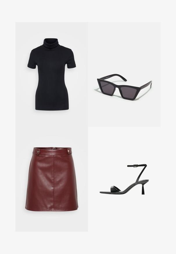 Schwarzes geripptes Rollkragenoberteil, kurze Ärmel, figurbetontes Design, weiche Textur, minimale Nähte und ein hoher Kragen.; Burgunderfarbene Kunstleder-Minirock mit einem strukturierten Bund, Frontreißverschluss und Metallknöpfen, der eine glatte, glänzende Textur aufweist.; Bershka High Heel Sandalette - black; Schwarze, eckige Sonnenbrille mit grauen Gläsern; aus Kunststoff gefertigt, mit dicken Bügeln, die eine glatte Oberfläche und keine sichtbaren Beschläge haben.; Goldene Creolen mit einer glatten, glänzenden Oberfläche. Zirkuläres Design mit einem kleinen Stecker und einer klaren Rückseite für einen sicheren Sitz.