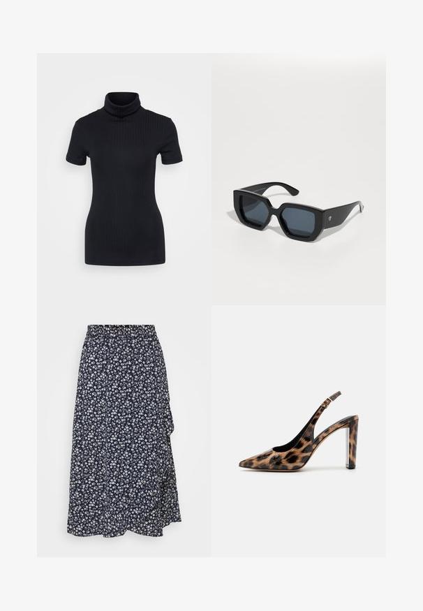 Svart ribbet høyhalset topp, kort ermer, tettsittende design, myk tekstur, minimale sømmer og høy krage.; Marineblå blomsterkjole med en sammenruftet elastisk linning, med et mønster av hvite blomster, lett stoff og en flytende silhuett.; Leopardmønstret slingback pumpsko med spidse tæer og gennemsigtig blokhæl. Lavet af glossy materiale med en glat tekstur.; Svart oversized solbriller med geometrisk design, rektangulære linser og blank overflate. Ingen synlig merkevare på forsiden.