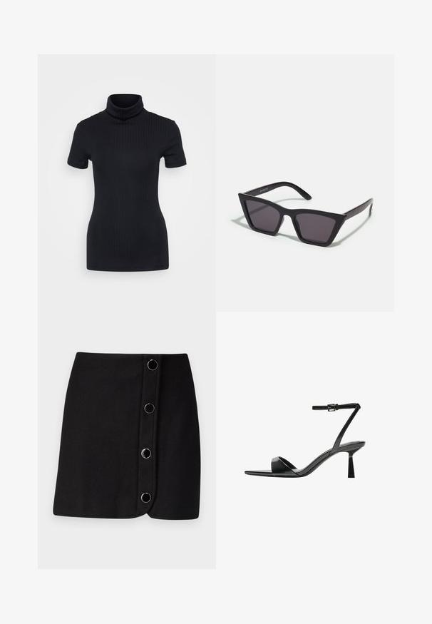 Musta ribbed poolikaeluse top, lühikesed varrukad, keha külge liibuv disain, pehme tekstuur, minimaalsed õmblused ja kõrge krae.; Mustan minihameen kietaisumuotoilu, jossa on viisi hopeista pyöreää nappia edessä ja sileä, matta pinta.; Bershka Korolliset sandaalit - black; Mustat, kulmikkaat aurinkolasit harmailla linsseillä; valmistettu muovista, paksuilla varsilla, joissa on sileä pinta ja ilman näkyvää metalliosaa.; Mustahar negro de piel con una forma redondeada y contorneada, que presenta un cierre de candado en tono dorado y una sola correa ajustable. Textura suave.