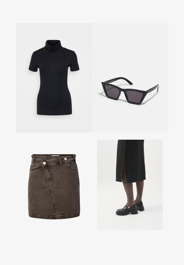 Haut à col roulé noir, manches courtes, design ajusté, texture douce, coutures minimales et un col montant.; Jupe mini en denim marron foncé avec un devant enveloppant, des boutons-pression en métal et un design à cinq poches.; Chaussures noires en cuir avec un bout arrondi, un épais talon bloc et des accents latéraux élastiques, associées à des bas foncés et une jupe noire avec une fente.; Lunettes noires angulaires avec des verres gris ; fabriquées en plastique, avec des branches épaisses à la surface lisse et sans matériel visible.; Boucles d'oreilles en argent au design minimaliste. Forme circulaire, texture lisse et profil fin. Légères avec une finition polie.