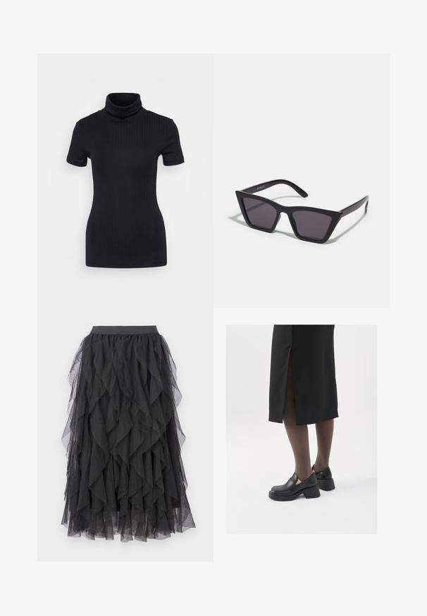 Čierny rebrovaný rolák, krátke rukávy, priliehavý strih, jemná textura, minimálne švy a vysoký golier.; Čierna tylová sukňa s vrstveným, volánkovým dizajnom. Má elastický pás a priesvitnú textúru, čo vytvára splývavý siluetu.; Čierne kožené topánky s okrúhlou špičkou, silným blokovým opätkom a elastickými bočnými akcentmi, skombinované s tmavými pančuchami a čiernou sukňou so štiepením.; Čierne, ostré slnečné okuliare so sivými sklami; vyrobené z plastu, majú hrubé ramená s hladkým povrchom a bez viditeľnej mechaniky.