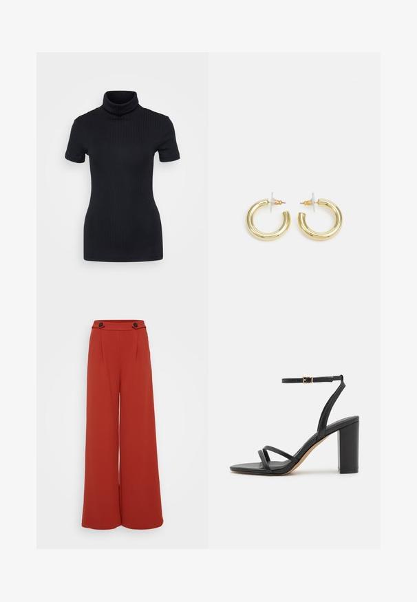 Melnas ribotas turtleneck blūze, īsām piedurknēm, pieguļošs dizains, maiga tekstūra, minimāls šuvju skaits un augsts kakls.; Platas kājas bikses dziļi sarkani-oranžā audumā. Iekļauj divus priekšējos krokus un divas pogas jostasvietā. Gluda tekstūra, ikdienišķs dizains.; Melnas ādas augstpapēžu sandales ar kvadrātveida purngaliem, divām šaurām siksnām pāri pēdai un potītes siksnu ar zelta sprādzi.; Zelta auskari ar gludu, spīdīgu apdari. Apaļš dizains, kas ietver mazu tapu un caurspīdīgu pamatni drošai valkāšanai.