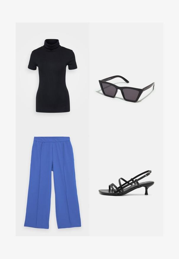 Μαύρη ριγωτή μπλούζα τύπου τζόκερ, κοντά μανίκια, εφαρμοστή γραμμή, μαλακή υφή, ελάχιστες ραφές και ψηλή κολάρο.; Πλατύ παντελόνι από μαλακό, ελαστικό ύφασμα σε φωτεινό μπλε. Διαθέτει επίπεδη ζώνη στη μέση και δύο πιέτες μπροστά για επιπλέον στοιχείο σχεδίου.; Μαύρες ψηλοτάκουνες σάντλας με πολλαπλές διασταυρούμενες λωρίδες. Λείο υλικό, μυτερή μύτη και στενός τακούνι. Ρυθμιζόμενη λωρίδα στον αστράγαλο με αγκράφα.; Μαύρα, γωνιώδη γυαλιά ηλίου με γκρι φακούς; κατασκευασμένα από πλαστικό, με χοντρές βραχίονες με λεία επιφάνεια και χωρίς ορατό μηχανισμό.; Χρυσά σκουλαρίκια κρίκοι με ομαλή, γυαλιστερή επιφάνεια. Κυκλικός σχεδιασμός που διαθέτει μια μικρή βάση και διαφανή στήριξη για ασφαλή χρήση.
