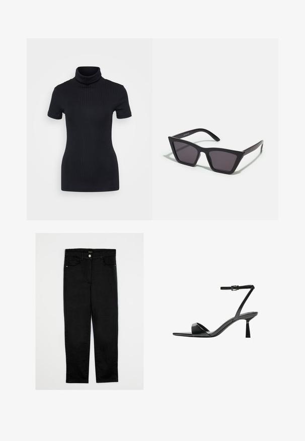 Musta ribbed poolikaeluse top, lühikesed varrukad, keha külge liibuv disain, pehme tekstuur, minimaalsed õmblused ja kõrge krae.; Mustat farkut suoran leikkauksen, keskikorkean vyötärön, viiden taskun ja etunappi kiinnityksen kanssa. Suzhouhdas rakenne, ei näkyviä kuvioita.; Bershka Korolliset sandaalit - black; Mustat, kulmikkaat aurinkolasit harmailla linsseillä; valmistettu muovista, paksuilla varsilla, joissa on sileä pinta ja ilman näkyvää metalliosaa.