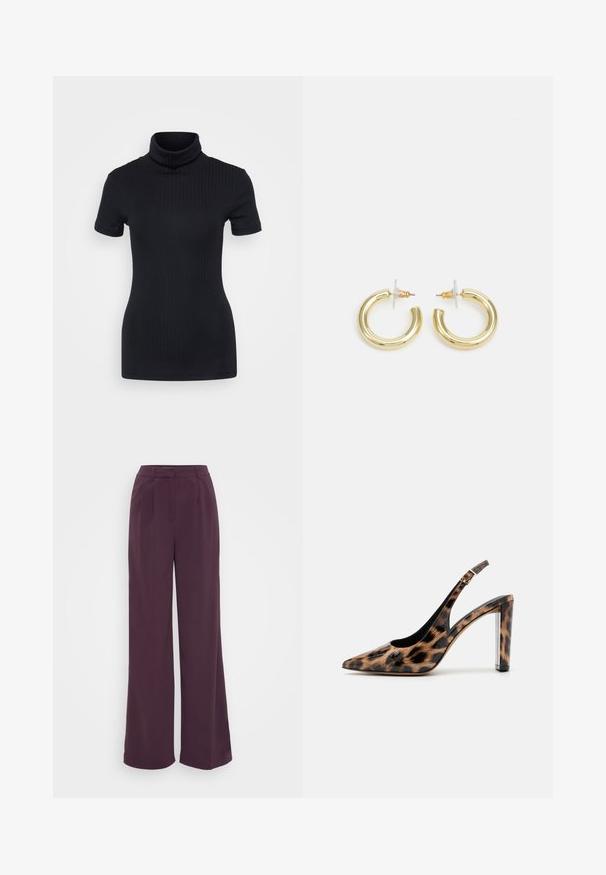 Musta ribbed poolikaeluse top, lühikesed varrukad, keha külge liibuv disain, pehme tekstuur, minimaalsed õmblused ja kõrge krae.; Valkoiset housut syvän purppuran värisessä kankaassa. Varustettu muotoillulla vyötäröllä, jossa on laskokset. Silkkinen pinta ilman näkyviä kuvioita tai metalliosia.; Sandaali leopard-kuvioisella varrella, jossa on terävä nenä ja läpinäkyvä lohko korko. Valmistettu kiiltävästä materiaalista, jolla on sileä pinta.; Kultaketjut kullasta, joissa on sileä, kiiltävä pinta. Pyöreä muotoilu, jossa on pieni tappi ja kirkas taustalevy turvalliseen käyttöön.