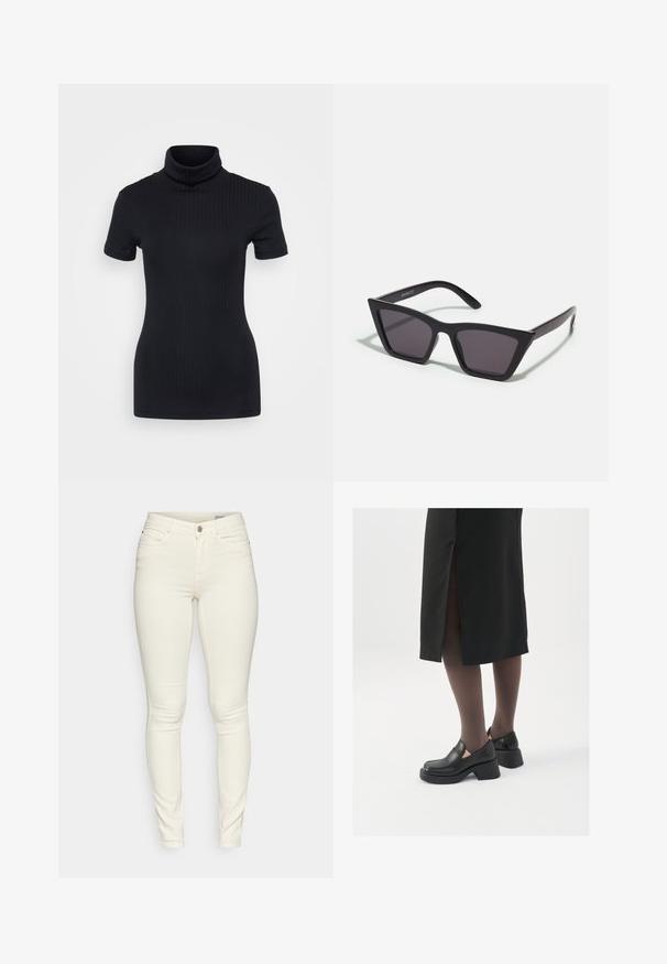 Zwart geribbelde coltrui, korte mouwen, slank ontwerp, zachte textuur, minimale naden en een hoge kraag.; Skinny jeans in crèmekleur, gemaakt van een katoenmix, met vijf zakken, een ritssluiting en subtiele stikseldetails.; Zwarte leren schoenen met een ronde neus, dikke blokhak en elastische zijkanten, gecombineerd met donkere panty's en een zwarte rok met een split.; Zwarte, hoekige zonnebril met grijze lenzen; gemaakt van plastic, met dikke armen met een gladde oppervlakte en zonder zichtbare hardware.