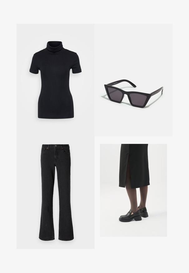 Črna rebrasta majica s turtleneck ovratnikom, kratkimi rokavi, prilegnjenim dizajnom, mehkimi vlakni, minimalnimi šivi in visokim ovratnikom.; Črne flared kavbojke iz denima z sprednjim gumbom, petimi žepi in subtilnimi detajli šivanja, narejene iz srednje težkega materiala.; Črne usnjene čevlje s zaobljenim prstom, debelim blokastim petama in elastičnimi stranskimi detajli, v kombinaciji s temno nogavicami in črno krilo z razporkom.; Črne, angularne sončne očala z sivimi lečami; izdelana iz plastike, imajo debele ročke z gladko površino in brez vidne opreme.