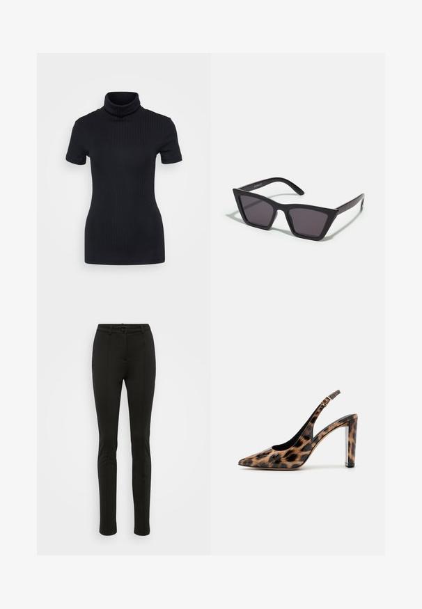 Top negru din tricot cu guler înalt, mâneci scurte, design mulat, textură moale, cusături minime.; Pantaloni negri mulați, confecționați dintr-un material neted. Prevăzuți cu închidere cu nasture, șlițuri pentru curea și cusături frontale curate. Design cu picioare conice.; Pantof cu toc înalt, cu imprimeu leopard, cu vârf ascuțit și toc transparent. Fabricat dintr-un material lucios, cu o textură netedă.; Ochelari de soare negri, unghiulari, cu lentile gri; fabricați din plastic, având brațe groase cu o suprafață netedă și fără hardware vizibil.