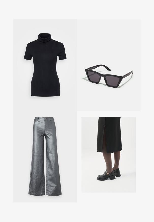 Crna rebrasta majica s visokim ovratnikom, kratki rukavi, oblikovani kroj, mekana tekstura, minimalni šavovi.; Široke hlače od sjajnog metalik srebrnog materijala. Imaju prednje džepove, kopčanje na dugme i ravne rubove. Glatka tekstura i elegantan dizajn.; Crne kožne cipele s zaobljenim vrhom, debelim blok petama i elastičnim bočnim detaljima, uparene s tamnim čarapama i crnom suknjom s prorezom.; Crne, uglaste sunčane naočale sa sivoj lećama; izrađene od plastike, imaju debele nogice s glatkom površinom i bez vidljivih metalnih dijelova.