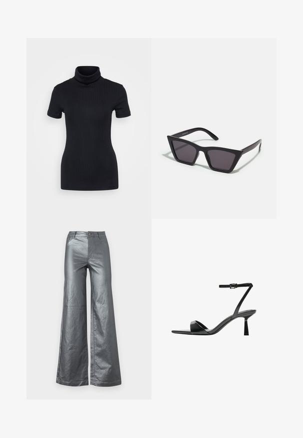 Musta ribbed poolikaeluse top, lühikesed varrukad, keha külge liibuv disain, pehme tekstuur, minimaalsed õmblused ja kõrge krae.; Housut, joissa on leveät lahkeet, kiiltävässä metallinhohtoisessa hopeakankaassa. Ominaisuuksina etutaskut, nappikiinnitys ja suorat lahkeet. Sileä pinta ja tyylikäs muotoilu.; Bershka Korolliset sandaalit - black; Mustat, kulmikkaat aurinkolasit harmailla linsseillä; valmistettu muovista, paksuilla varsilla, joissa on sileä pinta ja ilman näkyvää metalliosaa.