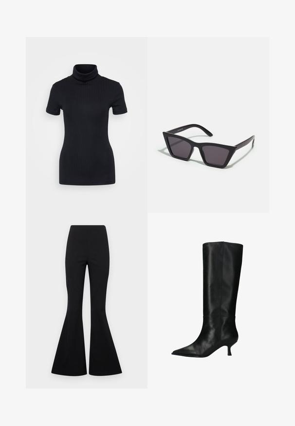 Zwart geribbelde coltrui, korte mouwen, slank ontwerp, zachte textuur, minimale naden en een hoge kraag.; Zwarte flare broeken van rekbaar materiaal met een gladde structuur, met een hoge taille en brede, uitlopende benen.; sacha MIT KITTEN HEEL - Laarzen - black; Zwarte, hoekige zonnebril met grijze lenzen; gemaakt van plastic, met dikke armen met een gladde oppervlakte en zonder zichtbare hardware.; Gouden metallic clutchbag met een gladde textuur, voorzien van een driehoekige klep sluiting. De hand die het vasthoudt heeft netjes manicured nagels.