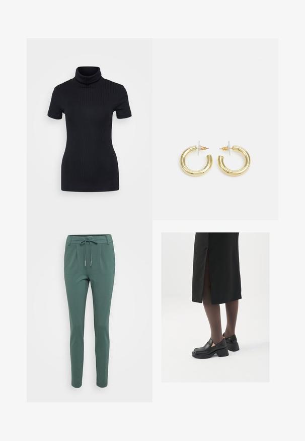 Maglione a collo alto nero a coste, maniche corte, design aderente, texture morbida, cuciture minime e colletto alto.; Pantaloni verdi slim-fit con vita regolabile, realizzati in tessuto morbido. Presentano pieghe frontali e gambe affusolate.; Scarpe in pelle nera con punta arrotondata, tacco spesso a blocco e accenti laterali in elastico, abbinate a collant scuri e una gonna nera con uno spacco.; Orecchini a cerchio in oro con una finitura liscia e lucida. Design circolare con un piccolo perno e una chiusura trasparente per un indosso sicuro.