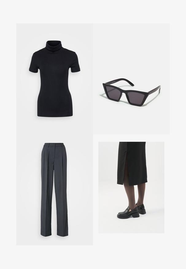 Black ribbed turtleneck top, short sleeves, form-fitting design, soft texture, minimal seams, and a high collar.; Dark gray wide-leg trousers made of textured fabric. Features front pleats, a flat waistband, and a clean design without embellishments.; Black leather shoes with a rounded toe, thick block heel, and elastic side accents, paired with dark tights and a black skirt with a slit.; Black, angular sunglasses with gray lenses; made of plastic, featuring thick arms with a smooth surface and no visible hardware.
