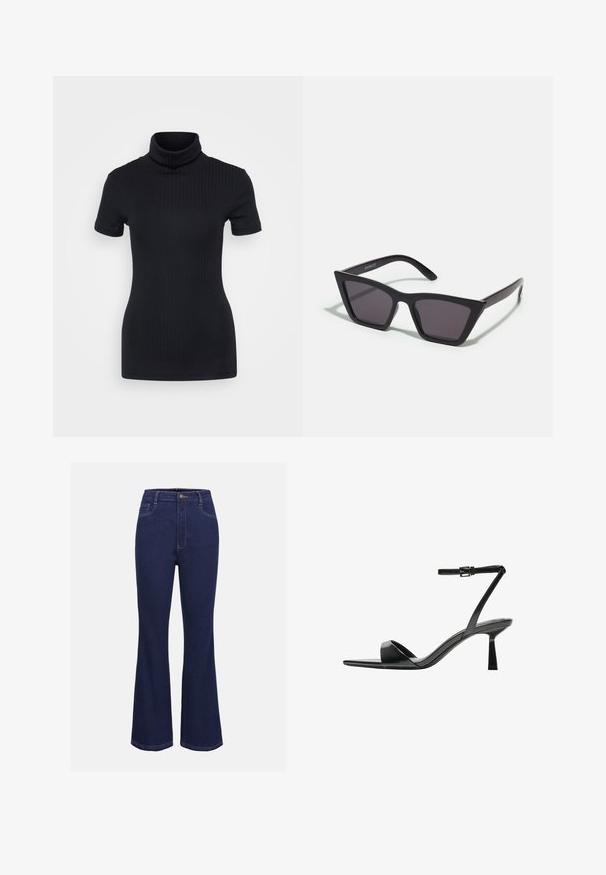 Črna rebrasta majica s turtleneck ovratnikom, kratkimi rokavi, prilegnjenim dizajnom, mehkimi vlakni, minimalnimi šivi in visokim ovratnikom.; Temno modri kavbojasti široki hlače z visokim pasom, standardno zapiranje na gumb in sprednjimi žepi. Imajo kontrastne šive in gladko teksturo.; Bershka Sandali z visoko peto - black; Črne, angularne sončne očala z sivimi lečami; izdelana iz plastike, imajo debele ročke z gladko površino in brez vidne opreme.; Črna usnjena torbica za čez ramo z zaobljeno, oblikovano silhueto, ki ima zlato zaklepanje in eno nastavljivo naramnico. Gladka tekstura.