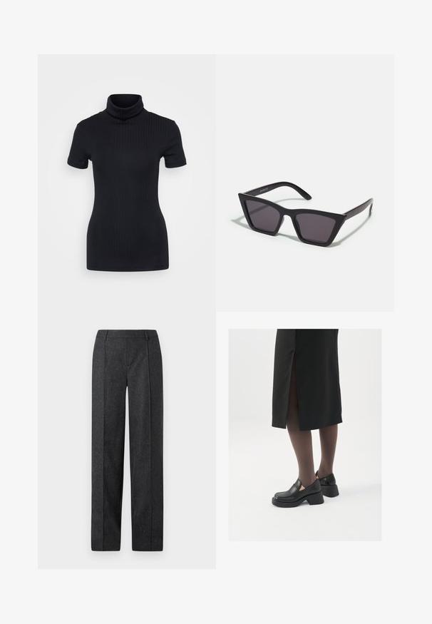 Black ribbed turtleneck top, short sleeves, form-fitting design, soft texture, minimal seams, and a high collar.; Dark gray tailored trousers with a straight-leg design, textured fabric, and subtle flecks. Features a flat front and belt loops.; Black leather shoes with a rounded toe, thick block heel, and elastic side accents, paired with dark tights and a black skirt with a slit.; Black, angular sunglasses with gray lenses; made of plastic, featuring thick arms with a smooth surface and no visible hardware.