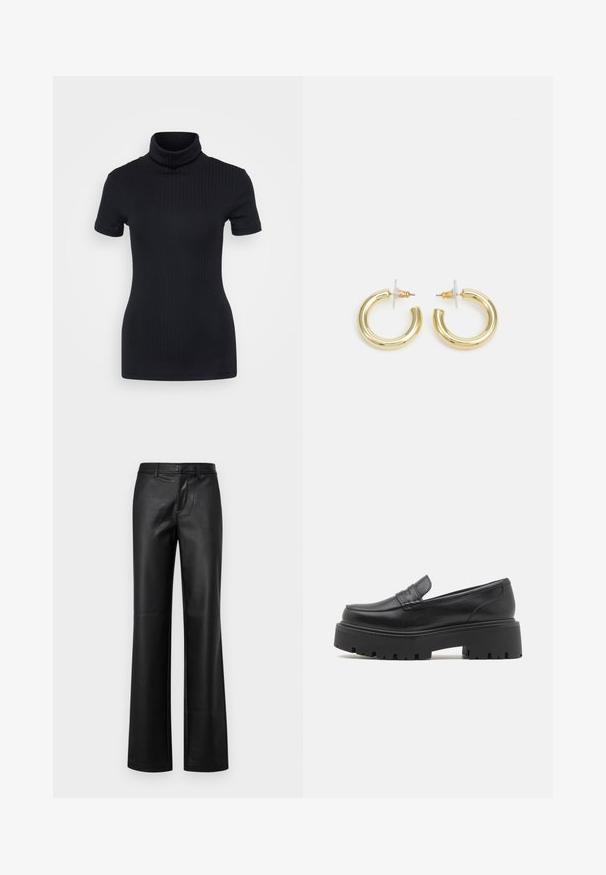 Fekete bordás garbó, rövid ujjú, testhez simuló dizájn, puha tapintás, minimális varrásokkal és magas gallérral.; Fekete bőr, harangszárú nadrág sima textúrával, elülső cipzárral, övhurkokkal és befejezetlen szegéllyel.; Fekete bőr loafer-ek alacsony, vaskos gumitalpakkal, varrott díszítéssel a felső részen és sima felülettel.; Arany fülbevalók sima, fényes felülettel. Kör alakú dizájn, amely kis kapoccsal és átlátszó tartozékkal rendelkezik a biztonságos viselés érdekében.