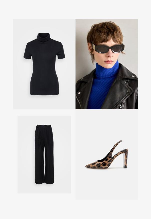 Čierny rebrovaný rolák, krátke rukávy, priliehavý strih, jemná textura, minimálne švy a vysoký golier.; Čierne nohavice s širokými nohavicami vyrobené z ľahkého materiálu, so skladaným predným dielom, vysokým pásom a voľným strihom pre pohodlie.; Lodičky so slingback v leopardom vzore s ostrou špičkou a priehľadným blokovým podpätkom. Vyrobené z lesklého materiálu s hladkou textúrou.; Čierne slnečné okuliare s zaoblenými hranami a tónovanými šošovkami. Majú zlaté akcenty na rámčekoch. Nosené s modrým rebrovaným rolákom a koženou bundou.
