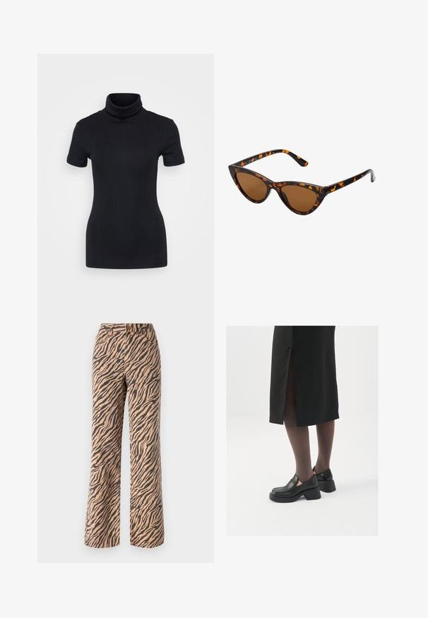 Black ribbed turtleneck top, short sleeves, form-fitting design, soft texture, minimal seams, and a high collar.; Wide-leg trousers with a tiger stripe pattern in shades of brown and black, featuring a standard waist and five-pocket design.; Black leather shoes with a rounded toe, thick block heel, and elastic side accents, paired with dark tights and a black skirt with a slit.; Cat-eye sunglasses with a black and orange tortoiseshell frame, brown lenses, and sleek, pointed tips. Features a minimal logo on the temple.