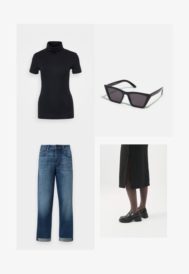 Musta ribbed poolikaeluse top, lühikesed varrukad, keha külge liibuv disain, pehme tekstuur, minimaalsed õmblused ja kõrge krae.; Farkut keskipitkä sininen pesu, suoran lahkeiden muotoilulla, jossa on käännetyt lahkeet ja minimaalista kulumista. Klassinen viisi-tasku tyylitys.; Mustat nahkakengät pyöreällä kärjellä, paksulla lohkopohjalla ja joustavilla sivuakkesseilla, yhdistettynä tummiin sukkahousuihin ja mustaan hameeseen, jossa on halkio.; Mustat, kulmikkaat aurinkolasit harmailla linsseillä; valmistettu muovista, paksuilla varsilla, joissa on sileä pinta ja ilman näkyvää metalliosaa.