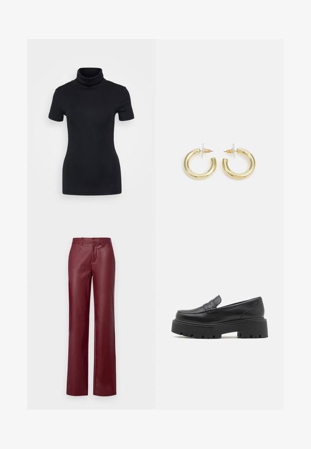 Melnas ribotas turtleneck blūze, īsām piedurknēm, pieguļošs dizains, maiga tekstūra, minimāls šuvju skaits un augsts kakls.; Burgundijas krāsas ādas bikses ar taisnu griezumu, plakanu priekšpusi un jostu cilpām. Gluda tekstūra ar spīdīgu apdari. Nav redzamu detaļu vai rakstu.; Melnas ādas loafer kurpes ar zemu, masīvu gumijas zoli, uz augšas izšūtām detaļām un gludu tekstūru.; Zelta auskari ar gludu, spīdīgu apdari. Apaļš dizains, kas ietver mazu tapu un caurspīdīgu pamatni drošai valkāšanai.