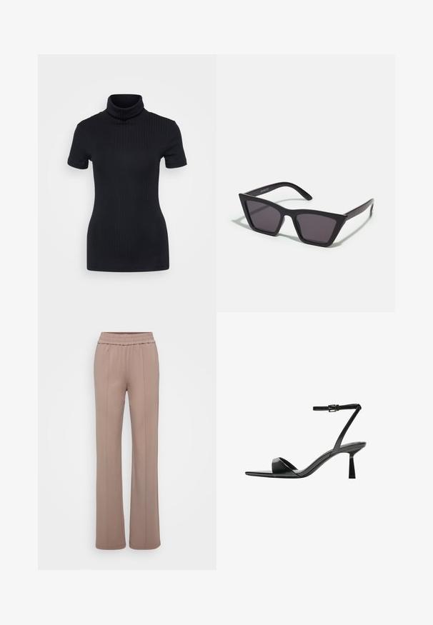 Maglione a collo alto nero a coste, maniche corte, design aderente, texture morbida, cuciture minime e colletto alto.; Pantaloni realizzati in morbido tessuto beige chiaro con un design a gamba larga. Presentano una vita elastica e due pieghe frontali.; Bershka Sandali con tacco - black; Occhiali da sole neri e angolari con lenti grigie; realizzati in plastica, con aste spesse dalla superficie liscia e senza hardware visibile.; Borsa a tracolla in pelle nera con una forma arrotondata e sagomata, caratterizzata da una chiusura con lucchetto dorato e una singola tracolla regolabile. Texture liscia.