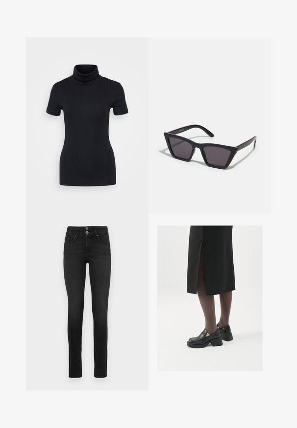 Musta ribbed poolikaeluse top, lühikesed varrukad, keha külge liibuv disain, pehme tekstuur, minimaalsed õmblused ja kõrge krae.; Mustassa korkeavyötäröisissä skinny-farkuissa on denim-kangas, kaksi etutaskua ja kaksinapinen kiinnitys. Pintamateriaali on sileä.; Mustat nahkakengät pyöreällä kärjellä, paksulla lohkopohjalla ja joustavilla sivuakkesseilla, yhdistettynä tummiin sukkahousuihin ja mustaan hameeseen, jossa on halkio.; Mustat, kulmikkaat aurinkolasit harmailla linsseillä; valmistettu muovista, paksuilla varsilla, joissa on sileä pinta ja ilman näkyvää metalliosaa.; Hope hopea, joissa on kierren muotoilu, kiiltävä pinta ja takana kiinnitettävä suljin. Halkaisija noin 3 cm.