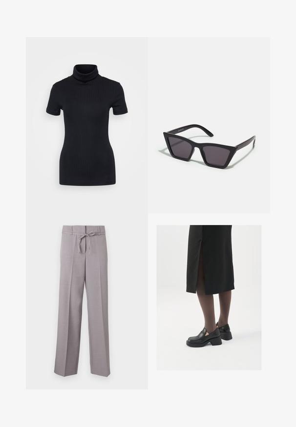 Haut à col roulé noir, manches courtes, design ajusté, texture douce, coutures minimales et un col montant.; Pantalons larges gris clair en tissu doux, avec une taille à cordon et des plis marqués pour un ajustement structuré.; Chaussures noires en cuir avec un bout arrondi, un épais talon bloc et des accents latéraux élastiques, associées à des bas foncés et une jupe noire avec une fente.; Lunettes noires angulaires avec des verres gris ; fabriquées en plastique, avec des branches épaisses à la surface lisse et sans matériel visible.
