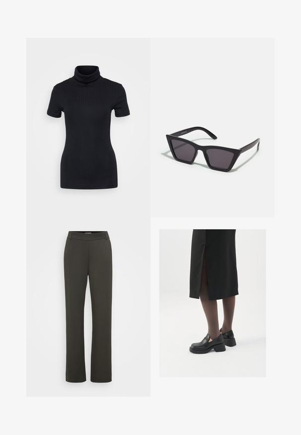 Musta ribbed poolikaeluse top, lühikesed varrukad, keha külge liibuv disain, pehme tekstuur, minimaalsed õmblused ja kõrge krae.; Tummanvihreät housut, joissa on sileä ja joustava kangas, litteä vyötärö ja suora lahjerakenne. Ei näkyviä taskuja tai koristeita.; Mustat nahkakengät pyöreällä kärjellä, paksulla lohkopohjalla ja joustavilla sivuakkesseilla, yhdistettynä tummiin sukkahousuihin ja mustaan hameeseen, jossa on halkio.; Mustat, kulmikkaat aurinkolasit harmailla linsseillä; valmistettu muovista, paksuilla varsilla, joissa on sileä pinta ja ilman näkyvää metalliosaa.