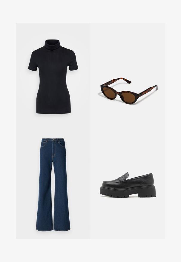 Crna rebrasta majica s visokim ovratnikom, kratki rukavi, oblikovani kroj, mekana tekstura, minimalni šavovi.; Abercrombie & Fitch Traperice opuštenog kroja - rinse; Crne kožne mokasine s niskim, debelim gumenim potplatom, šivanim detaljima na gornjem dijelu i glatkom teksturom.; Smeđe sunčane naočale u tortoiseshell uzorku s vintage mačkastim okvirom i smeškim lećama. Ima zakrivljene ručke s crvenim detaljima.; Crna torba hobo napravljena od glatkog materijala nalik koži s uvrnutom drškama, s mekim, zaobljenim oblikom i zatvaranjem na vrhu sa patentnim zatvaračem.; Zlatne kružne naušnice s glatkom, sjajnom završnom obradom. Kružni dizajn s malom potporom i prozirnom podlogom za sigurno nošenje.