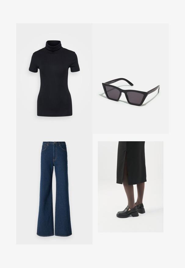 Musta ribbed poolikaeluse top, lühikesed varrukad, keha külge liibuv disain, pehme tekstuur, minimaalsed õmblused ja kõrge krae.; Abercrombie & Fitch Relaxed fit -farkut - rinse; Mustat nahkakengät pyöreällä kärjellä, paksulla lohkopohjalla ja joustavilla sivuakkesseilla, yhdistettynä tummiin sukkahousuihin ja mustaan hameeseen, jossa on halkio.; Mustat, kulmikkaat aurinkolasit harmailla linsseillä; valmistettu muovista, paksuilla varsilla, joissa on sileä pinta ja ilman näkyvää metalliosaa.; Kultaketjut kullasta, joissa on sileä, kiiltävä pinta. Pyöreä muotoilu, jossa on pieni tappi ja kirkas taustalevy turvalliseen käyttöön.