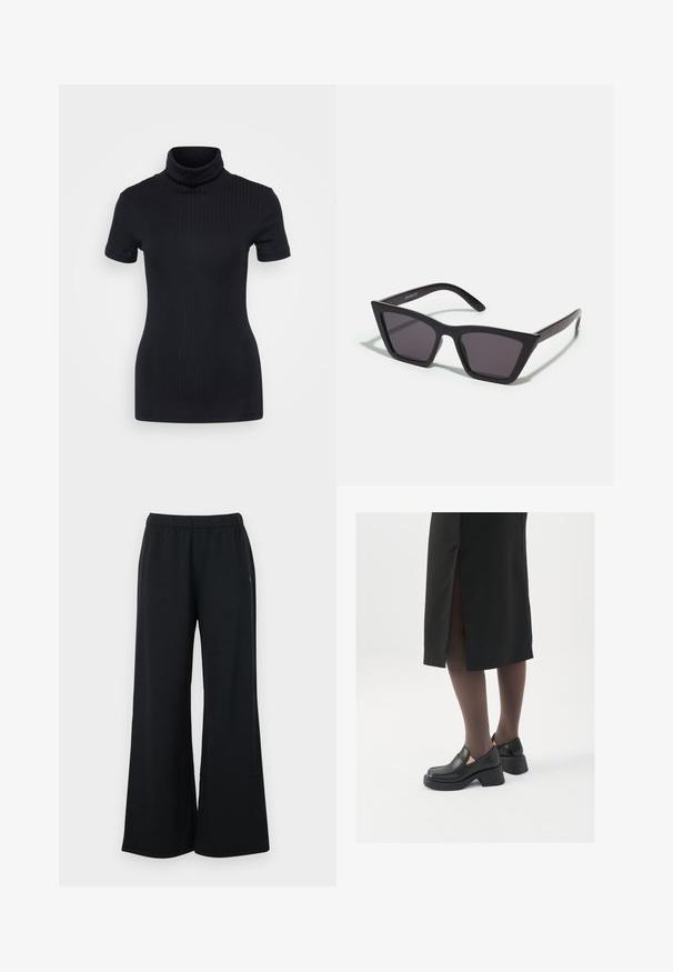 Μαύρη ριγωτή μπλούζα τύπου τζόκερ, κοντά μανίκια, εφαρμοστή γραμμή, μαλακή υφή, ελάχιστες ραφές και ψηλή κολάρο.; Hollister Co. WIDE LEG - Παντελόνι φόρμας - casual black; Μαύρα δερμάτινα παπούτσια με στρογγυλή μύτη, χοντρό τετράγωνο τακούνι και ελαστικές πλάγιες λεπτομέρειες, συνδυασμένα με σκούρες καλσόν και μια μαύρη φούστα με σχίσιμο.; Μαύρα, γωνιώδη γυαλιά ηλίου με γκρι φακούς; κατασκευασμένα από πλαστικό, με χοντρές βραχίονες με λεία επιφάνεια και χωρίς ορατό μηχανισμό.; Χρυσά σκουλαρίκια κρίκοι με ομαλή, γυαλιστερή επιφάνεια. Κυκλικός σχεδιασμός που διαθέτει μια μικρή βάση και διαφανή στήριξη για ασφαλή χρήση.