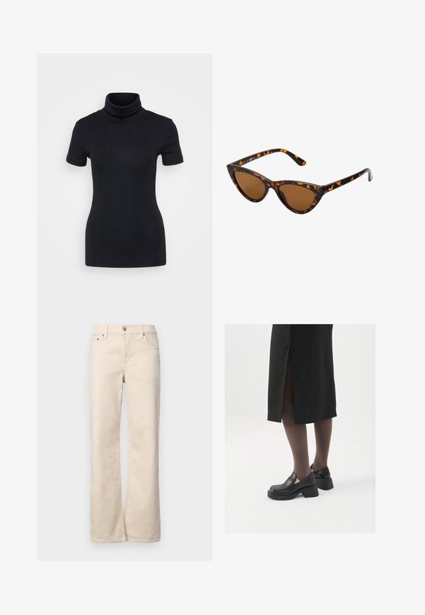 Juodas raštuotas turtlenekas, trumpomis rankovėmis, prigludusi konstrukcija, minkšta tekstūra, minimalus siūlių skaičius ir aukšta apykaklė.; Bežinės plačios kelnės su klasikinio penkių kišenių dizainu, su mygtuku ir užtrauktuku, pagamintos iš minkštos, tekstūruotos medvilnės.; Juodos odinės bateliai su apvaliu nosiu, stora blokine pakulne ir elastingais šonais, derinami su tamsiomis pėdkelnėmis ir juoda sijonu su plyšiu.; Katės akies saulės akiniai su juodu ir oranžiniu šarvuotu rėmeliu, ruda objektyvu ir elegantiškais, smailiais galiukais. Rėmelyje yra minimalus logotipas ant šventės.