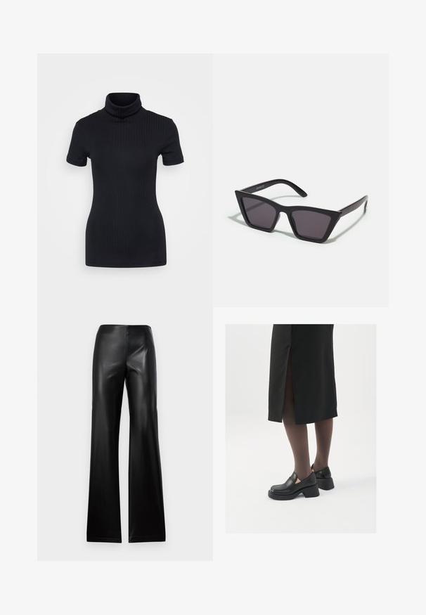 Top negru din tricot cu guler înalt, mâneci scurte, design mulat, textură moale, cusături minime.; Pantaloni flared din piele neagră cu o textură netedă, având un talie înaltă și un design simplu, îngustându-se în partea de sus și lărgindu-se spre tiv.; Pantofi din piele neagră cu vârful rotund, toc bloc gros și accente elastice pe lateral, asortați cu colanți închiși la culoare și o fustă neagră cu o fanta.; Ochelari de soare negri, unghiulari, cu lentile gri; fabricați din plastic, având brațe groase cu o suprafață netedă și fără hardware vizibil.