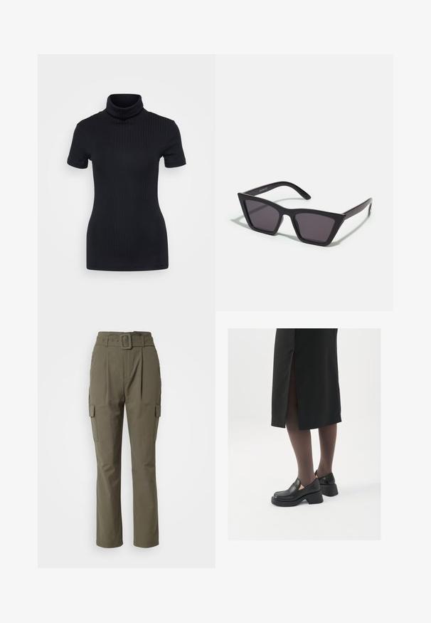 Crna rebrasta majica s visokim ovratnikom, kratki rukavi, oblikovani kroj, mekana tekstura, minimalni šavovi.; Maslinzaste cargo hlače s pojasom, ravnim nogavicama, dva bočna džepa i glatkom teksturom tkanine.; Crne kožne cipele s zaobljenim vrhom, debelim blok petama i elastičnim bočnim detaljima, uparene s tamnim čarapama i crnom suknjom s prorezom.; Crne, uglaste sunčane naočale sa sivoj lećama; izrađene od plastike, imaju debele nogice s glatkom površinom i bez vidljivih metalnih dijelova.