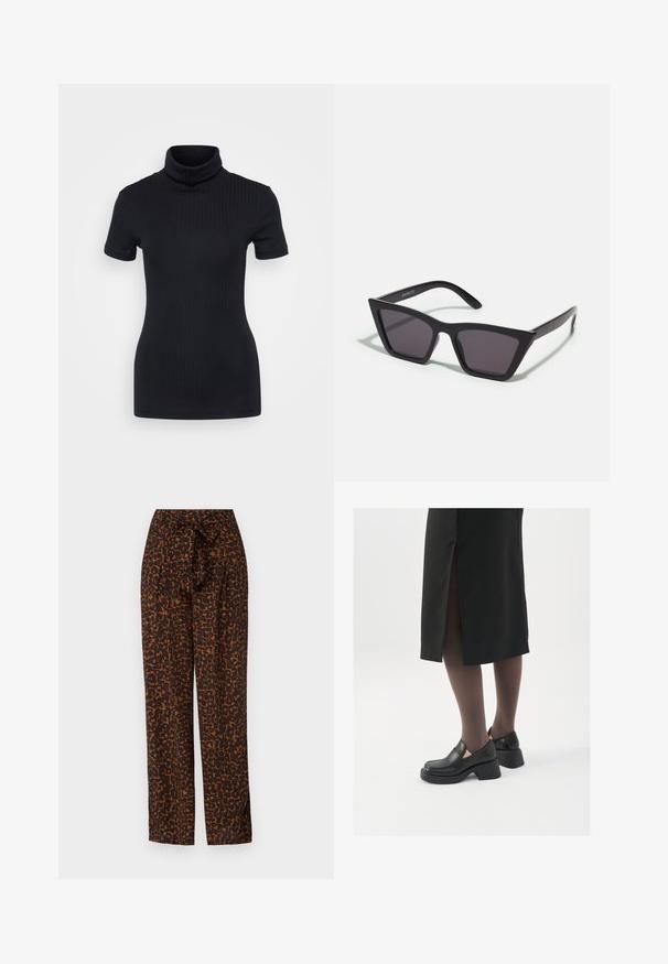 Top negru din tricot cu guler înalt, mâneci scurte, design mulat, textură moale, cusături minime.; Pantaloni cu model în nuanțe de maro și portocaliu, cu un cordon legat, design cu picioare largi, dintr-un material neted, având o textură abstractă cu imprimeu de leopard.; Pantofi din piele neagră cu vârful rotund, toc bloc gros și accente elastice pe lateral, asortați cu colanți închiși la culoare și o fustă neagră cu o fanta.; Ochelari de soare negri, unghiulari, cu lentile gri; fabricați din plastic, având brațe groase cu o suprafață netedă și fără hardware vizibil.