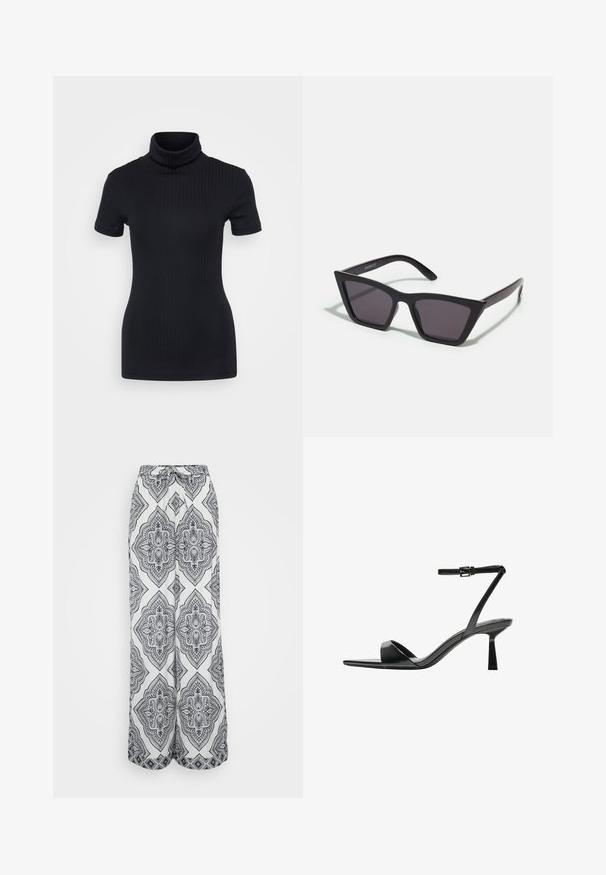 Sorte ribbede turtleneck top, korte ærmer, tætsiddende design, blød tekstur, minimale sømme og en høj krave.; Bredde benbukser i et sort-hvidt geometrisk mønster. Har en snorelukning i taljen, letvægtsstof og en svævende silhuet.; Bershka Højhælede sandaletter / Højhælede sandaler - black; Sorte, kantede solbriller med grå linser; lavet af plast, med tykke stænger med en glat overflade og ingen synlig hardware.; Sort læderhandtaske med en afrundet, kontureret form, der har en lås i guld tone og en enkelt justerbar skulderrem. Glat tekstur.