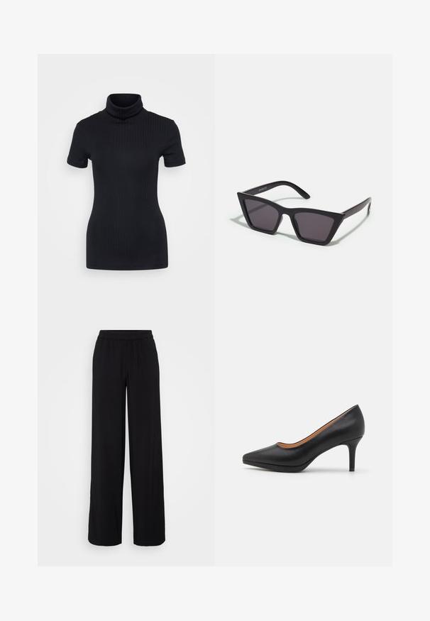 Top preto de gola alta, de manga curta, com um design ajustado, textura suave, costuras mínimas e uma gola alta.; Calças largas pretas feitas de tecido macio, com uma cintura elástica e pregas subtis na frente, criando uma silhueta descontraída.; Sapato de salto alto em pele preta, com bico apontado, textura suave e um salto stiletto moderado. Sem padrões ou enfeites visíveis.; Óculos de sol pretos, angulares, com lentes cinzas; feitos de plástico, apresentando hastes grossas com uma superfície lisa e sem hardware visível.