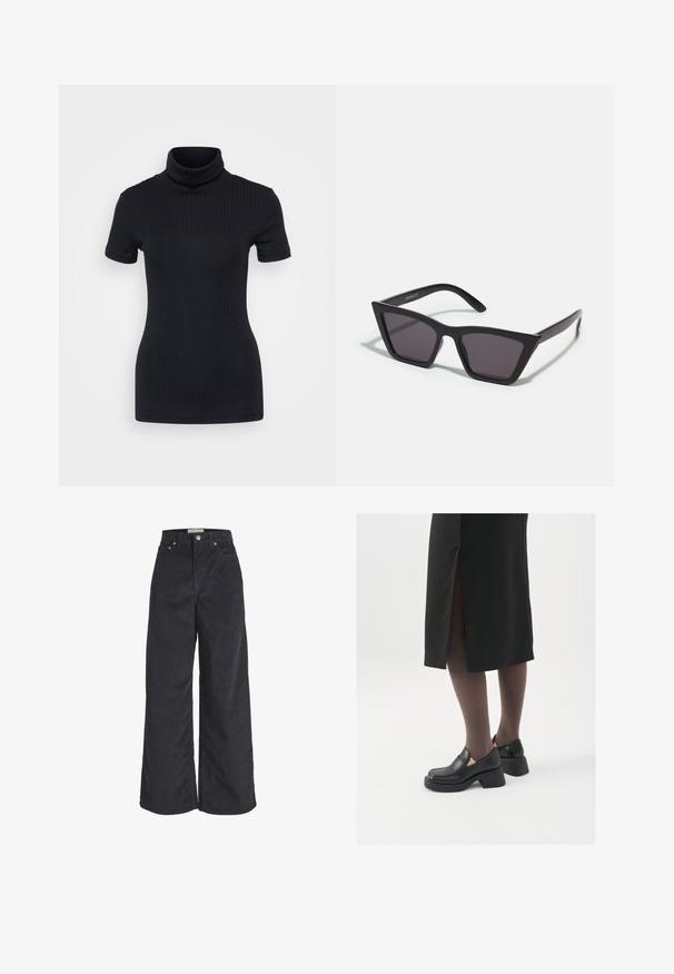Maglione a collo alto nero a coste, maniche corte, design aderente, texture morbida, cuciture minime e colletto alto.; Pantaloni a gamba larga in corduroy nero con vita alta, chiusura frontale con bottone e due tasche laterali. Tessuto morbido e silhouette dritta.; Scarpe in pelle nera con punta arrotondata, tacco spesso a blocco e accenti laterali in elastico, abbinate a collant scuri e una gonna nera con uno spacco.; Occhiali da sole neri e angolari con lenti grigie; realizzati in plastica, con aste spesse dalla superficie liscia e senza hardware visibile.