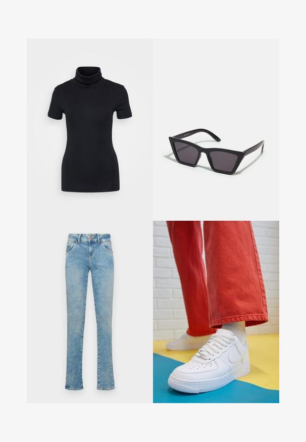 Μαύρη ριγωτή μπλούζα τύπου τζόκερ, κοντά μανίκια, εφαρμοστή γραμμή, μαλακή υφή, ελάχιστες ραφές και ψηλή κολάρο.; Γαλάζιες τζιν παντελόνες με ίσια γραμμή, που διαθέτουν ψηλή μέση, δύο μπροστινές τσέπες και ασημένια εξαρτήματα.; Λευκό δερμάτινο αθλητικό Παπούτσι με τρύπες στην μύτη, υφασμάτινη σόλα και λευκές κορδόνι, συνδυασμένο με φαρδιά κόκκινα παντελόνια και μπλε-κίτρινο φόντο.; Μαύρα, γωνιώδη γυαλιά ηλίου με γκρι φακούς; κατασκευασμένα από πλαστικό, με χοντρές βραχίονες με λεία επιφάνεια και χωρίς ορατό μηχανισμό.; Χρυσά σκουλαρίκια κρίκοι με ομαλή, γυαλιστερή επιφάνεια. Κυκλικός σχεδιασμός που διαθέτει μια μικρή βάση και διαφανή στήριξη για ασφαλή χρήση.