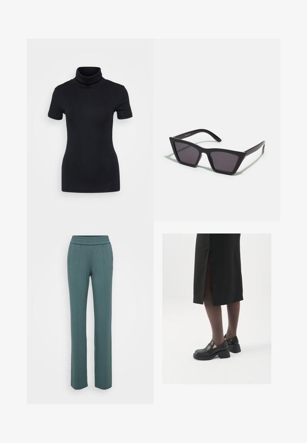 Zwart geribbelde coltrui, korte mouwen, slank ontwerp, zachte textuur, minimale naden en een hoge kraag.; Teal broek met elastische tailleband en een rechte pijpdesign, voorzien van verticale naden aan de voorkant en een gladde, zachte stoftextuur.; Zwarte leren schoenen met een ronde neus, dikke blokhak en elastische zijkanten, gecombineerd met donkere panty's en een zwarte rok met een split.; Zwarte, hoekige zonnebril met grijze lenzen; gemaakt van plastic, met dikke armen met een gladde oppervlakte en zonder zichtbare hardware.