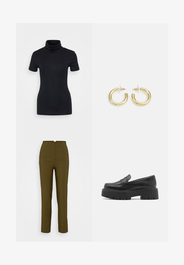Melnas ribotas turtleneck blūze, īsām piedurknēm, pieguļošs dizains, maiga tekstūra, minimāls šuvju skaits un augsts kakls.; Olīvzaļa piegriezuma bikses ar augstu jostu, ar priekšējiem krokām un taisna kāja dizainu, izgatavotas no gludas auduma.; Melnas ādas loafer kurpes ar zemu, masīvu gumijas zoli, uz augšas izšūtām detaļām un gludu tekstūru.; Zelta auskari ar gludu, spīdīgu apdari. Apaļš dizains, kas ietver mazu tapu un caurspīdīgu pamatni drošai valkāšanai.