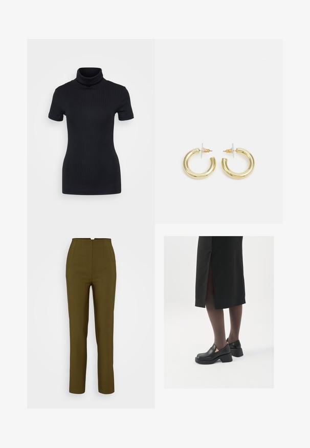 Haut à col roulé noir, manches courtes, design ajusté, texture douce, coutures minimales et un col montant.; Pantalons ajustés vert olive avec taille haute, dotés de plis sur le devant et d'une coupe droite, fabriqués à partir d'un tissu lisse.; Chaussures noires en cuir avec un bout arrondi, un épais talon bloc et des accents latéraux élastiques, associées à des bas foncés et une jupe noire avec une fente.; Boucles d'oreilles en or avec une finition lisse et brillante. Design circulaire présentant un petit clou et une attache transparente pour un port sécurisé.
