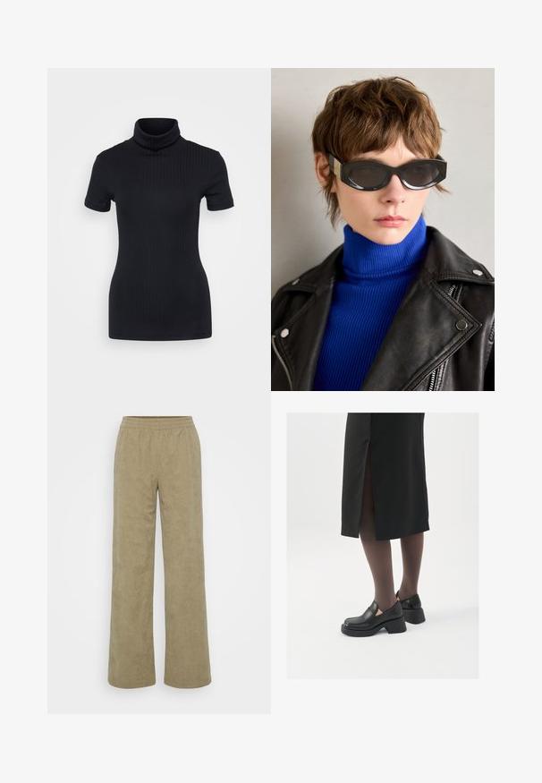 Czarny, prążkowany top z golfem, krótki rękaw, dopasowany krój, miękka faktura, minimalne szwy i wysoki kołnierz.; Spodnie z szerokimi nogawkami z kordurowej tkaniny w stonowanym oliwkowym kolorze. Posiadają teksturowane linie, elastyczny pas i luźny krój. Brak widocznych kieszeni.; Czarne skórzane buty z okrągłym noskiem, grubym blokowym obcasem i elastycznymi akcentami po bokach, zestawione z ciemnymi rajstopami i czarną spódnicą z rozcięciem.; Czarne okulary przeciwsłoneczne z zaokrąglonymi krawędziami i przyciemnionymi soczewkami. Posiadają złote akcenty na zausznikach. Noszone z niebieskim swetrem z wysokim kołnierzem i skórzaną kurtką.