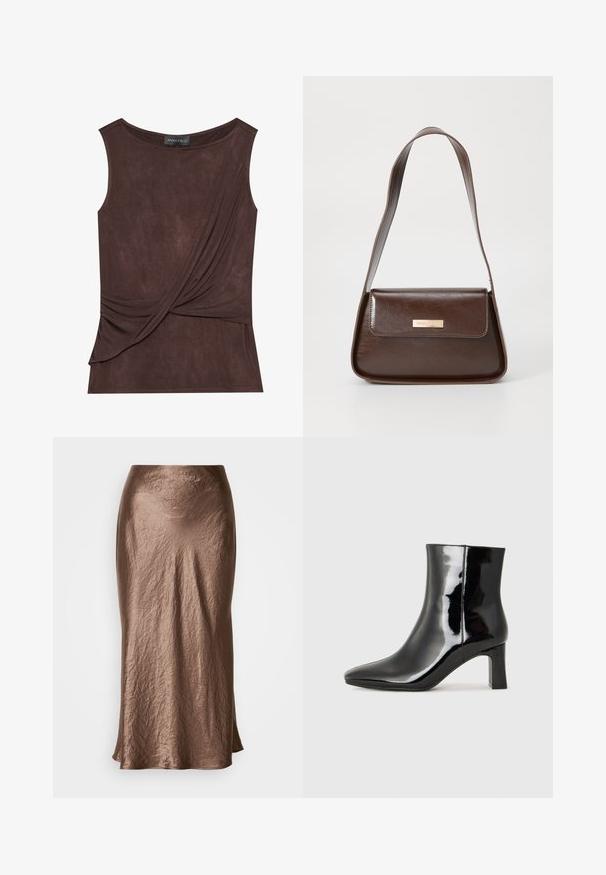 Smeđa bezrukavna majica od lagane tkanine s drapiranim dizajnom i bočnim naglaskom, s okruglim izrezom i suptilnom teksturom.; Suknja srednje dužine u brončanoj boji, napravljena od nabranog materijala; glatka tekstura s blagim sjajem; suptilan izrez na rubu.; Crne lakirane kožne gležnjače s šiljastim prstom i srednje visokom blok petom. Glatka tekstura i minimalistički dizajn.; Smeđa kožna torba za rame sa strukturiranim oblikom, koja ima magnetsko zatvaranje na preklopu i metalni logo akcent na prednjoj strani.