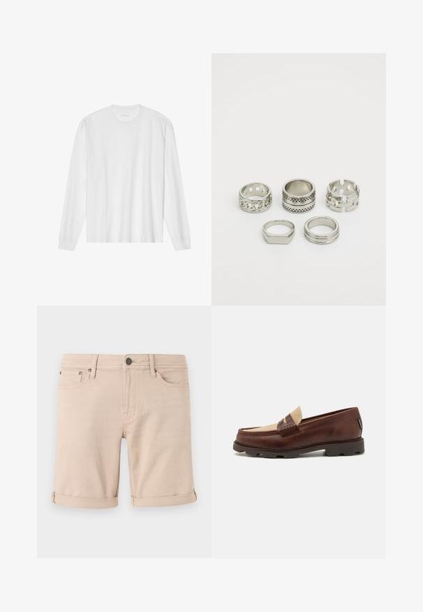 T-shirt blanc en coton à manches longues avec col rond, doté de poignets côtelés et d'un ourlet droit, texture lisse et design minimaliste.; Shorts en jean beige à coupe droite, avec des revers roulés, deux poches avant et une petite poche arrière. Fabriqués en tissu solide.; Mocassins en cuir marron avec une touche en toile taupe, détails cousus et semelle en caoutchouc texturé, conçue pour le confort et la durabilité.; Ensemble de cinq bagues en argent présentant divers designs : un motif en chaîne, une bande lisse, une bande à trous, et des accents en dentelle.