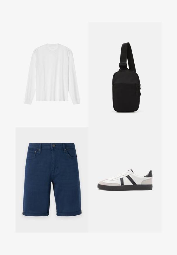 White long-sleeve cotton t-shirt with a crew neck, featuring ribbed cuffs and a straight hem, smooth texture, and minimalistic design.; Navy blue denim shorts with a straight cut, rolled hem, five pockets, and metallic button detailing. Smooth texture and solid color.; White sneaker with black and gray accents, featuring a textured gray toe cap, black rubber sole, and flat white laces. Clean design, minimalist style.; Black crossbody bag made of durable fabric, featuring a single adjustable strap, a zippered main compartment, and a front pocket.