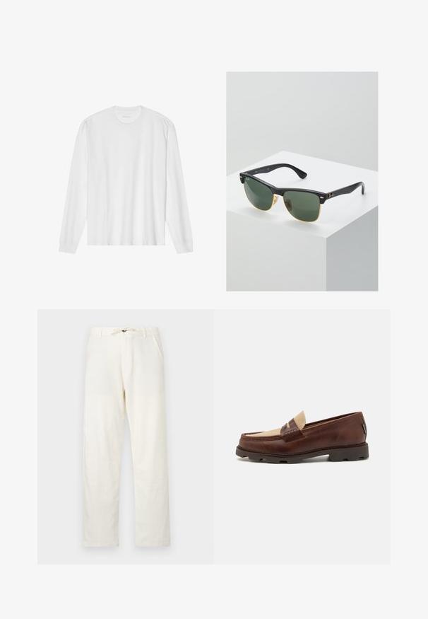 Valge pikakäiste puuvillane t-särk ümarkaeluse, soonikkoes mansettide ja sirge äärega, siledat tekstuuri ja minimalistlikku disaini.; Heledad beežid linasest püksid, sirge lõikega, reguleeritava nööri vöökoht ja kaks küljetaskut. Sujuv tekstuur ja minimaalne disain.; Pruunist nahast loaferid taupe-kangasaktsentiga, õmmeldud detailide ja tekstuurse kummitaldiga, mis on loodud mugavuse ja vastupidavuse tagamiseks.; Ray-Ban'i prillid roheliste objektiividega, mustade plastikraamide ja kuldsete aktsentidega servadel. Ruudukujuline kuju mati viimistlusega.